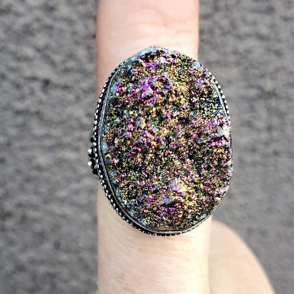 New Titanium Druzy 925 Silver Statement Ring. - Picture 2 of 12